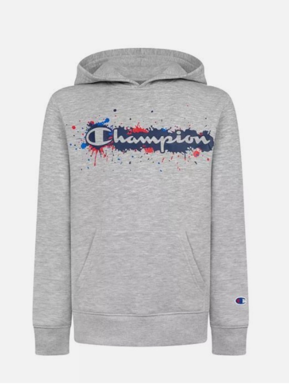 CHAMPION Big Boys KO Script Paint Splatter Fleece Hoodie Grey NWT Large